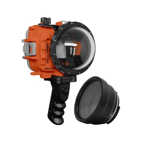 60M 195FT Waterproof housing for Sony RX1xx series Salted Line with Aluminium Pistol Grip & 4  Dry Dome Port (Orange) For Cheap